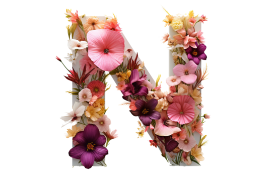 Letter "n" with 3d floral elements in studio lighting, PNG transparent background