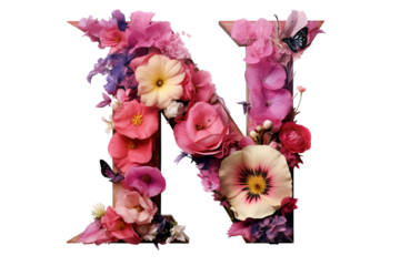 Letter "n" with 3d floral elements in studio lighting, PNG transparent background