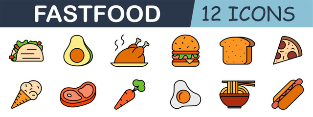 Fast food set icon. Taco, avocado, roast chicken, burger, bread, pizza, ice cream, steak, carrot, fried egg, noodles, hot dog.