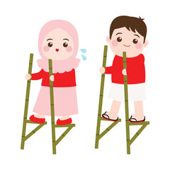 Indonesian kids playing traditional games walking on stilts