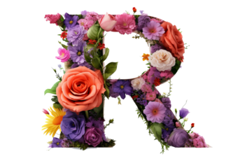 Letter r with intricate flower elements, floral design made of flowers, 3d render, studio lighting, PNG with transparent background