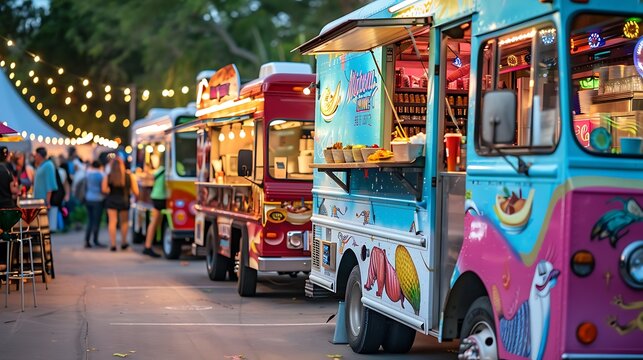 A line of themed food trucks at a vibrant city festival, selective focus on the closest truck