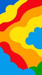 A colorful background with a rainbow, clouds, and waves