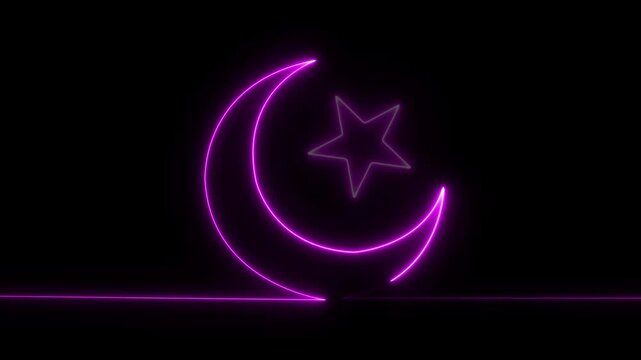 Simple neon icon Star and crescent moon icon.