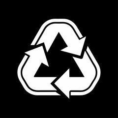 White recycling symbol with three arrows on black background