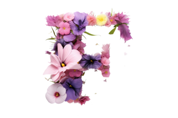 Letter F with flower elements in 3d studio lighting, floral alphabet design, PNG with transparent background, decorative typography art