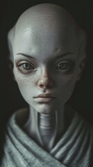 A close up of a person with a shaved head