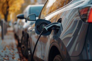 Naklejka premium Close-up view of an electric car charging at a station, focusing on the power supply plugged into the vehicle.