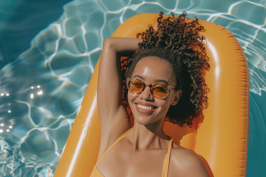Happy unaltered biracial woman in sunglasses sunbathing on inflatable in swimming pool, copy space