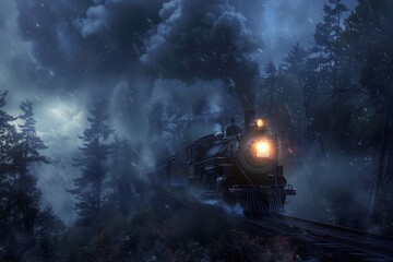 Fototapeta premium Capture the nostalgic scene of a steam engine train chugging through a fog-filled forest at night, emitting billows of smoke and illuminated by a bright headlight.