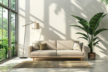 A modern living room interior with a sofa created with Generative AI