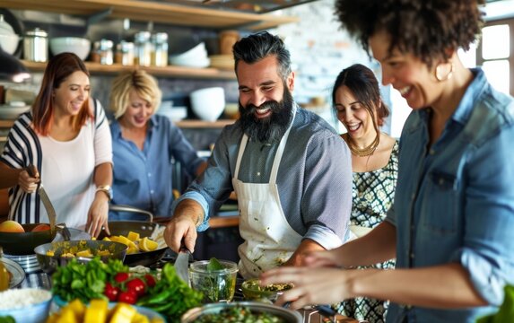 Multicultural Friends Laughing and Cooking Mango Dishes for National Mango Day in a Bright Kitchen - Powered by Adobe