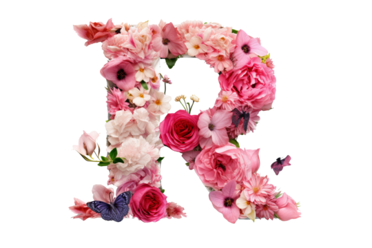 Letter R with flower elements in 3d studio lighting, floral alphabet design, PNG with transparent background, decorative typography art