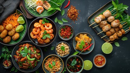 Fototapeta premium Top view of various Thai snacks and small dishes on a dark background. The vibrant colors and intricate details of each dish reflect the diversity and richness of Thai cuisine