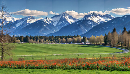 Paysage de montagne avec champs de fleurs et prairies verdoyantes