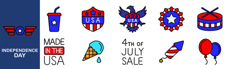 Independence Day set icon. Hat, barbecue, calendar, burger, blimp, fireworks, eagle, badge, balloon, flag, July 4th, USA.