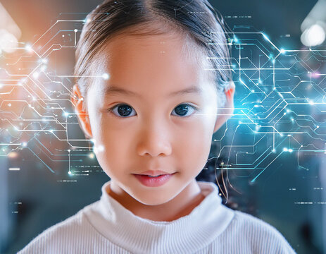Creative Child Girl Interacting with AI: Warm, Diverse Digital Art of Inspiration and Connection - Powered by Adobe