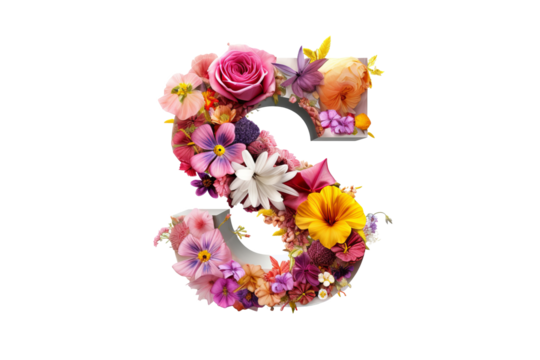3d letter 's' made of flower elements with studio lighting on PNG transparent background