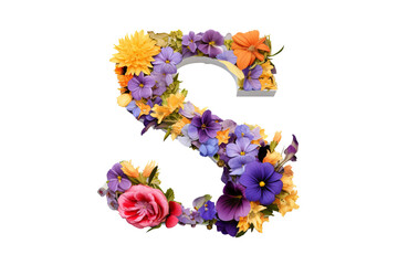 3d letter 's' made of flower elements with studio lighting on PNG transparent background