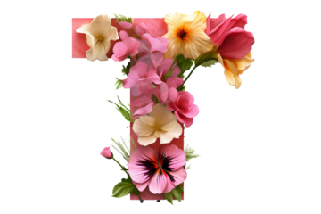 3d letter 't' with floral elements in studio lighting, PNG with transparent background