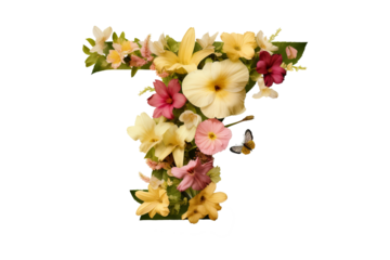 3d letter 't' with floral elements in studio lighting, PNG with transparent background
