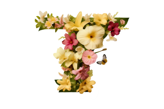 3d letter 't' with floral elements in studio lighting, PNG with transparent background