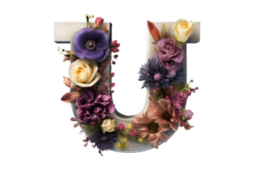3d letter "u" with intricate flower elements, studio lighting, PNG transparent background, floral alphabet design