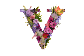 Letter v floral design with 3d flower elements on PNG  transparent background