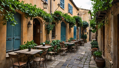 Charmante ruelle avec terrasse de café en Provence