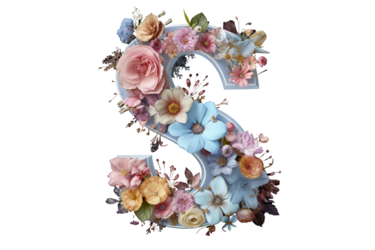 3d letter 's' made of flower elements with studio lighting on PNG transparent background