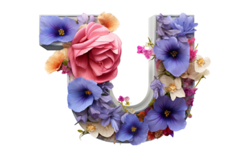 3d letter "u" with intricate flower elements, studio lighting, PNG transparent background, floral alphabet design