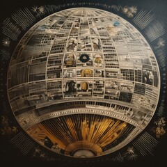 Obraz premium 惑星と都市、ビンテージ風イラスト