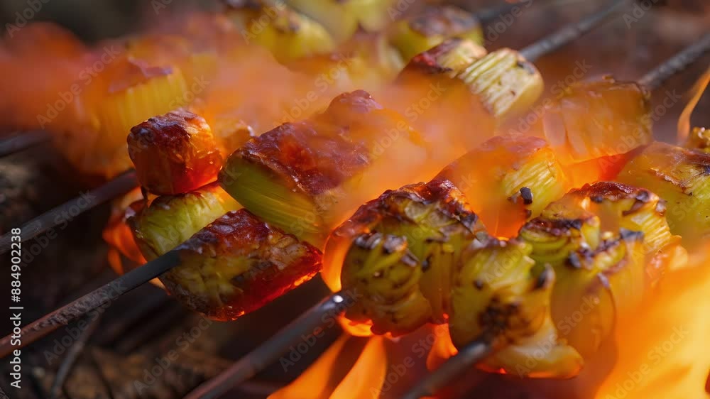 Poster leeks p on a wooden skewer and cooked over an open flame giving them a perfectly charred texture.