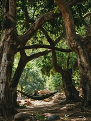 Fototapeta premium Serene Afternoon in Dense Forest with Young Adult Relaxing in Hammock, Embracing Eco-Friendly Living