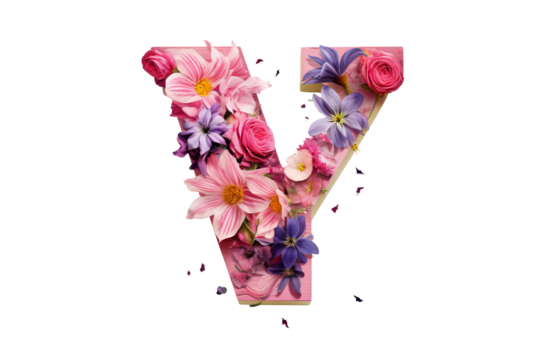 3d letter 'Y' with intricate flower elements on transparent background, studio lighting, PNG format for elegant floral design projects