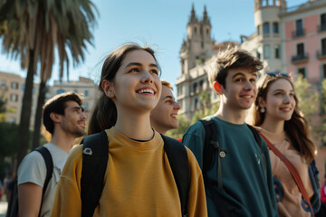 A group of young people are smiling and standing together in a city street