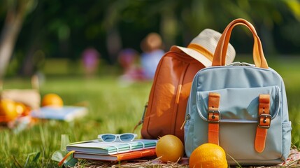 Backpacks on grass in the park with High school grads enjoying a picnic background.