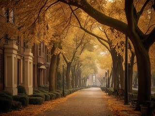 Obraz premium An alley with trees in autumn in the old city park