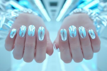 Futuristic Silver Nail Designs on Womans Hands in a High-Tech, AI-Inspired Environment, Embodying a Y3K Aesthetic