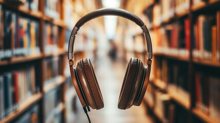 Modern technologies. listening to an audiobook with headphones