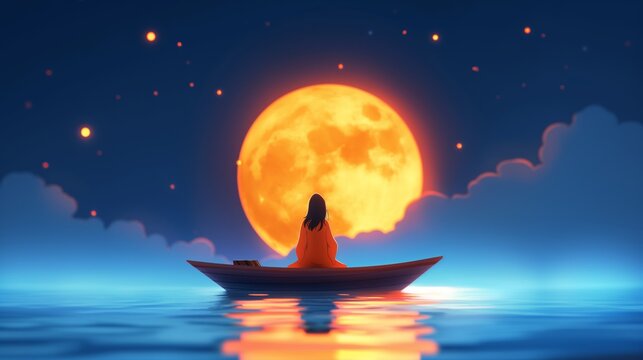 Woman alone in boat under large full moon at night cartoon illustration.
