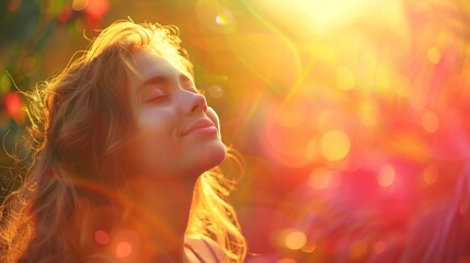 A young beautiful woman is standing in a natural background with a bright sun shining on her face