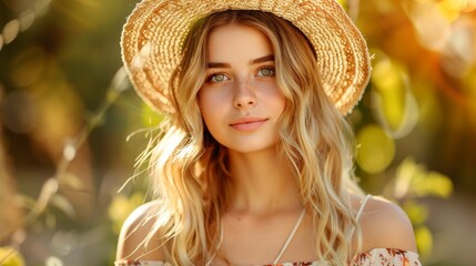 Young beautiful woman is standing in a natural background with a bright sun shining on her face.