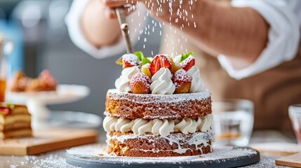 Chef cook in a professional kitchen cooking cakes. Close up a cakes sprinkled with icing sugar.