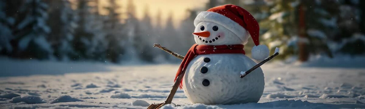 Christmas snowman in red hat and scarf stands in a snowy forest. Beautiful winter background. Happy new year greeting card. Copy space template web banner