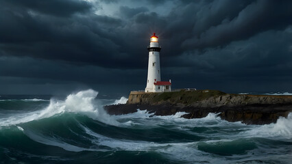 A lit lighthouse in the middle of stormy sea, a concept for hope and resilience