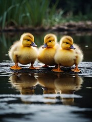 Fluffy ducklings waddling near pond edg