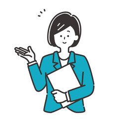 案内・説明をする資料を持ったビジネスパーソン（スーツの女性）のイラスト素材