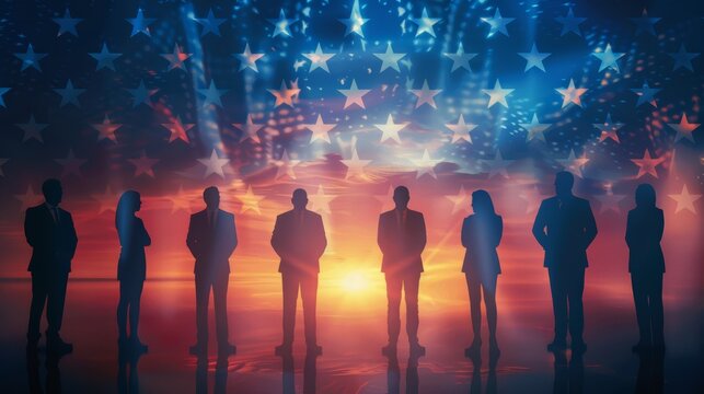 Business Team Silhouettes with American Flag - Powered by Adobe