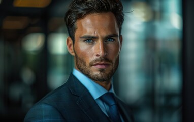 Fototapeta premium A man in a suit and tie is standing in front of a window. He has a serious expression on his face